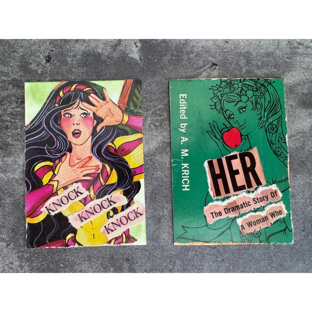 2 Retro Comic Collage Cards Vintage Paperback Ephemera Eve Apple Junk Journal